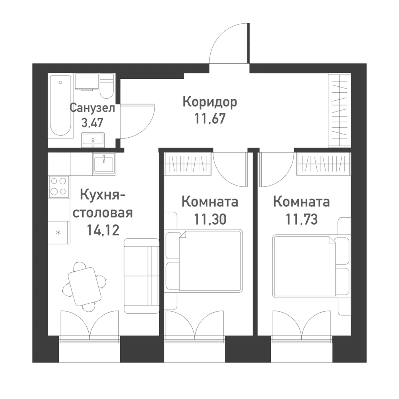 Планировка 2-к, 51,5 м² в ЖК Твоя привилегия